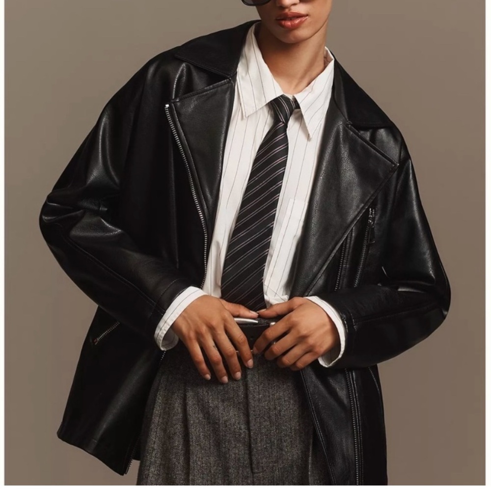 ANTHROPOLOGIE MAEVE Faux Leather Long Jacket in Black Oversized XXS